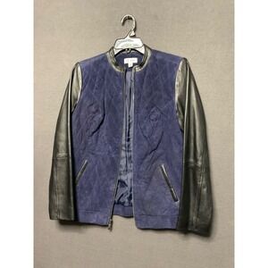 Denim & Co XS Navy‎ Leather Sleeve Quilted Jacket Genuine Leather Front